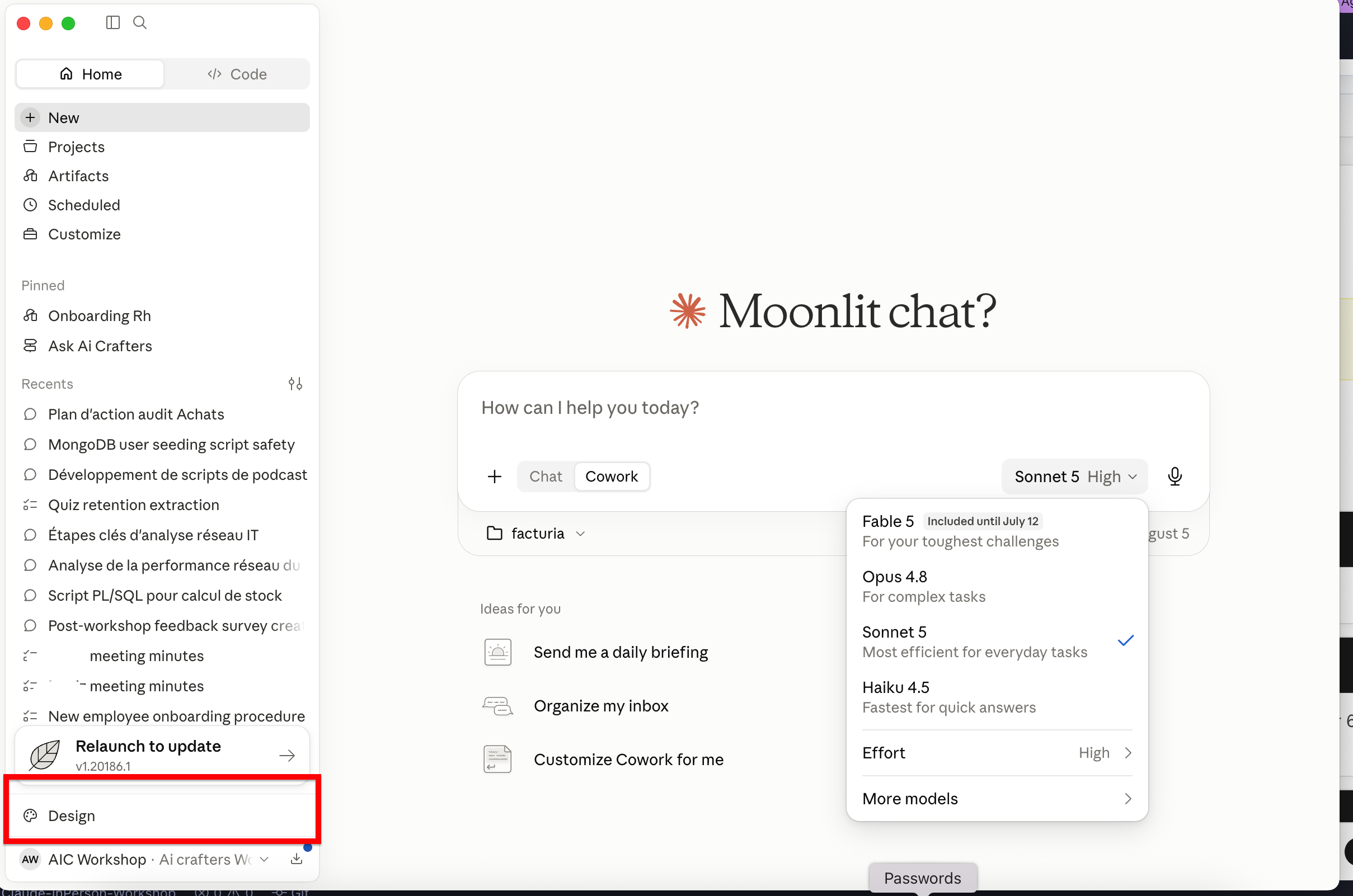 App Claude Desktop — entrée Design dans le menu latéral