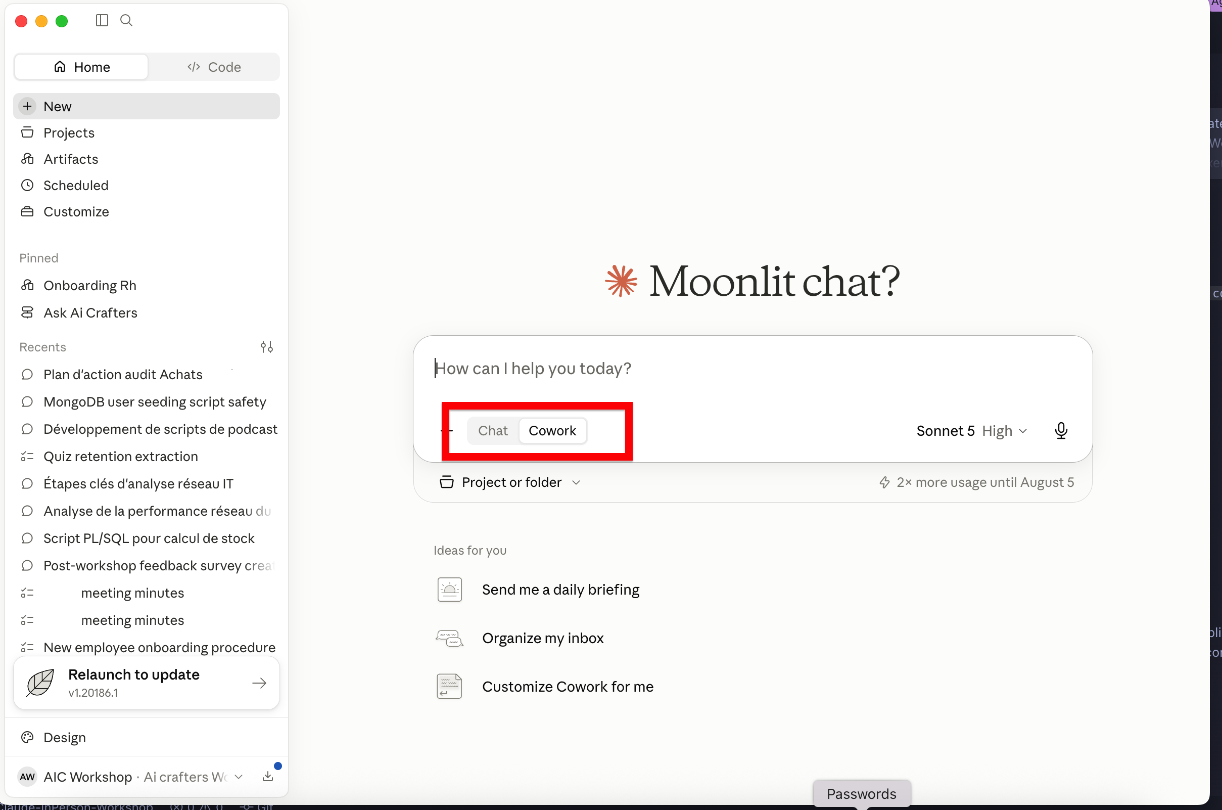 Bascule Chat / Cowork dans le champ de saisie