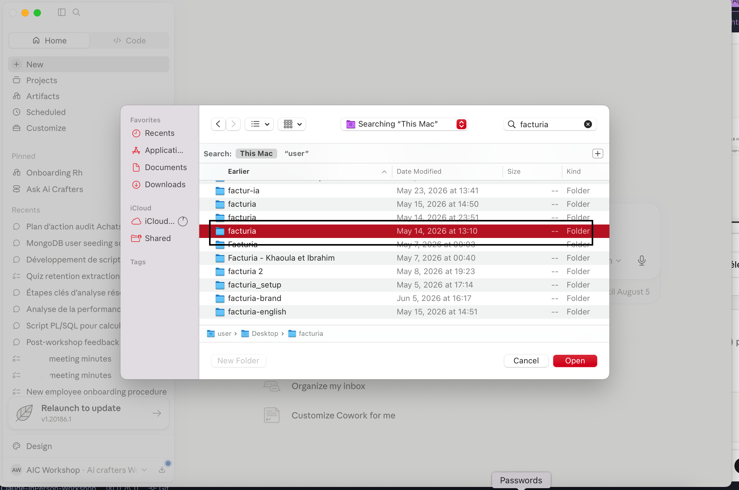 Fenêtre Finder — sélection du dossier facturia
