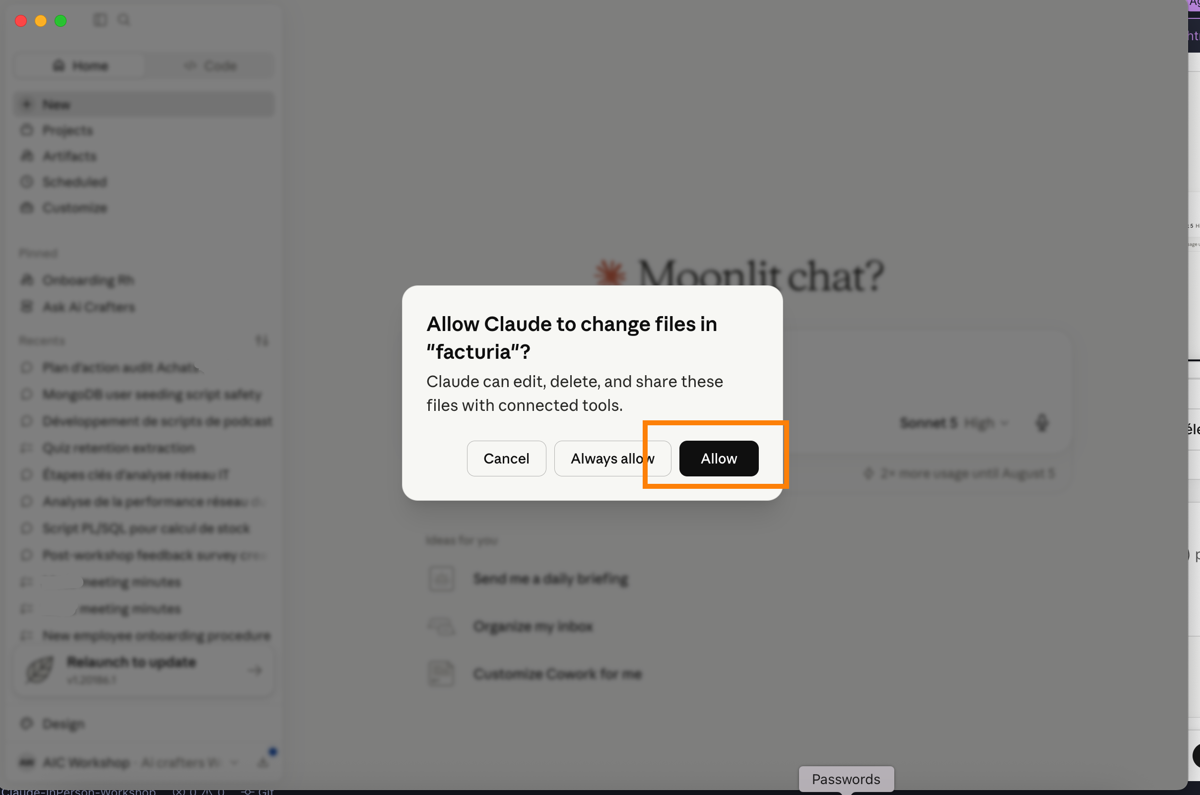 Fenêtre d’autorisation — Allow Claude to change files in facturia