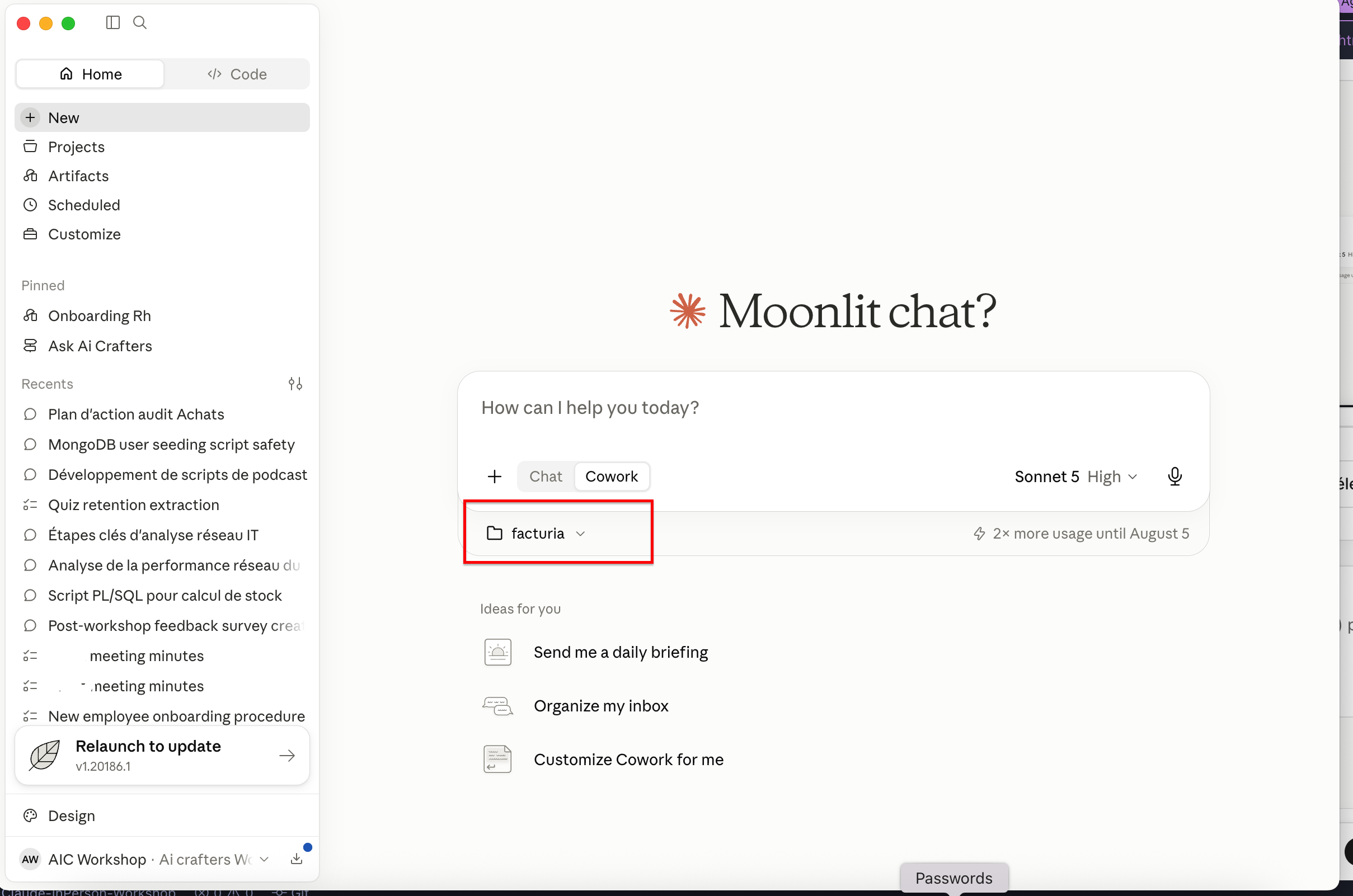 Dossier facturia attaché dans le champ de saisie Cowork