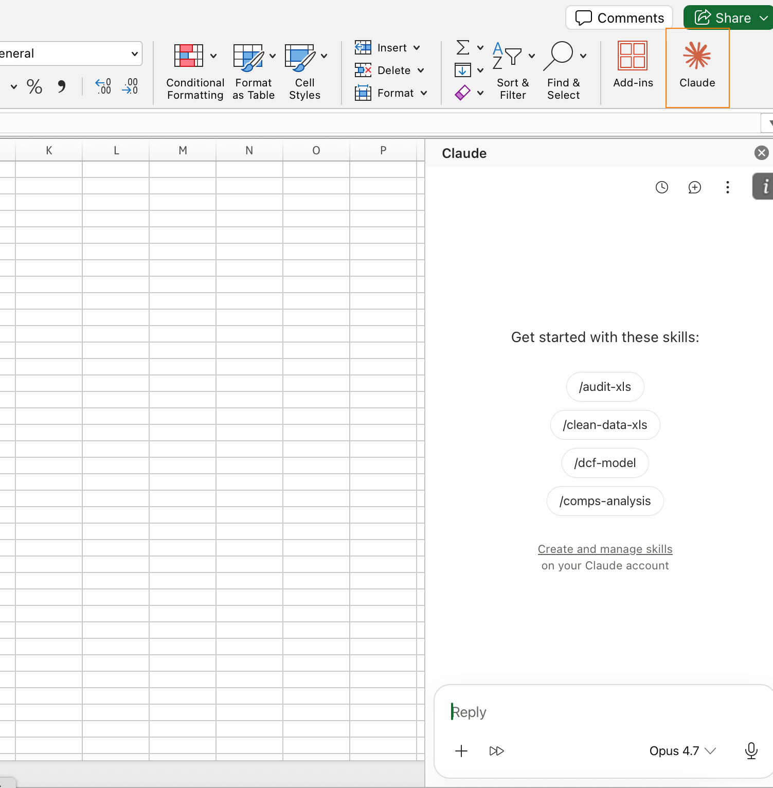 Excel avec Claude in Excel : ruban, volet latéral et sélecteur de modèle