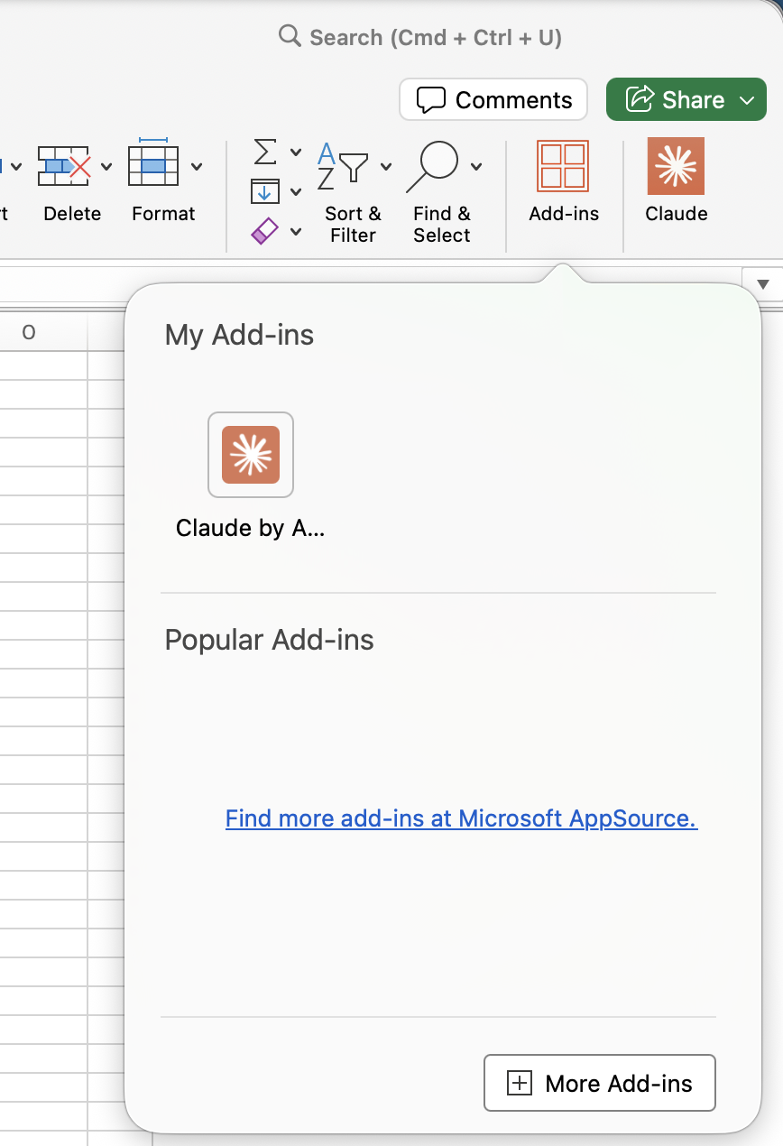 Panneau My Add-ins depuis le ruban Excel