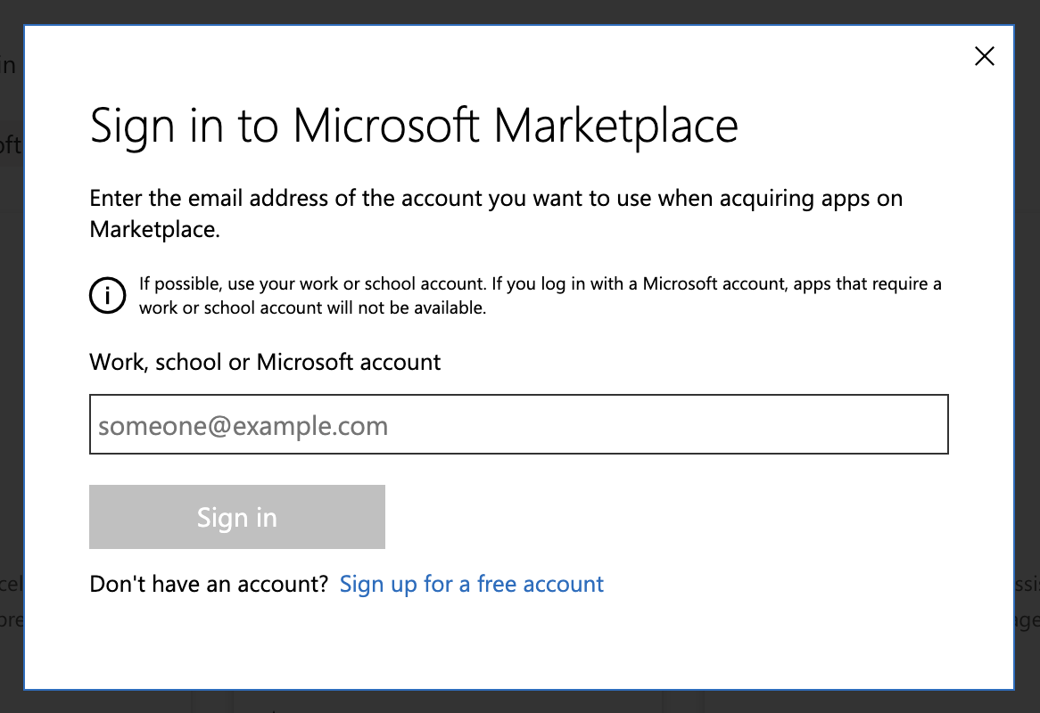 Fenêtre de connexion Microsoft Marketplace