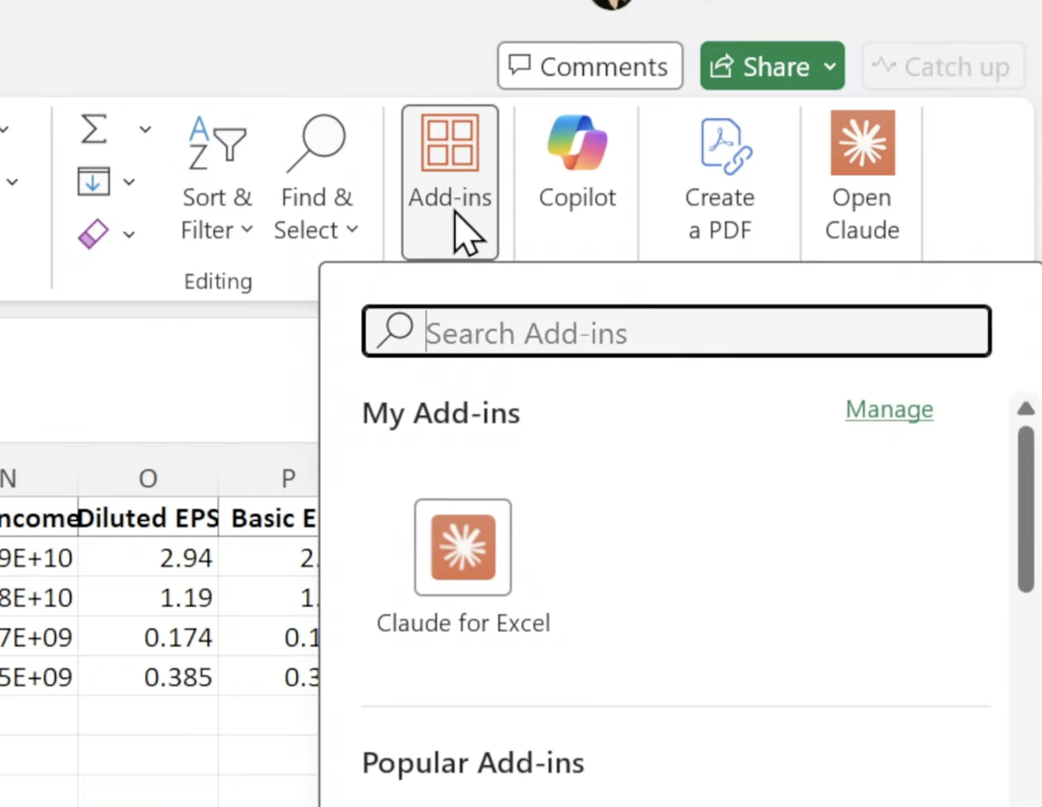 Claude for Excel dans My Add-ins